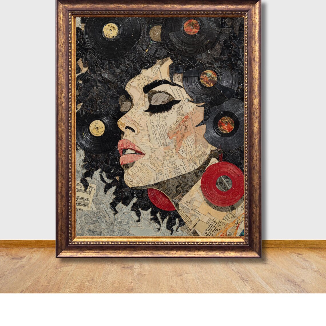 Mosaic Woman Portrait Vinyl Records Hair Music Collage Art Poster