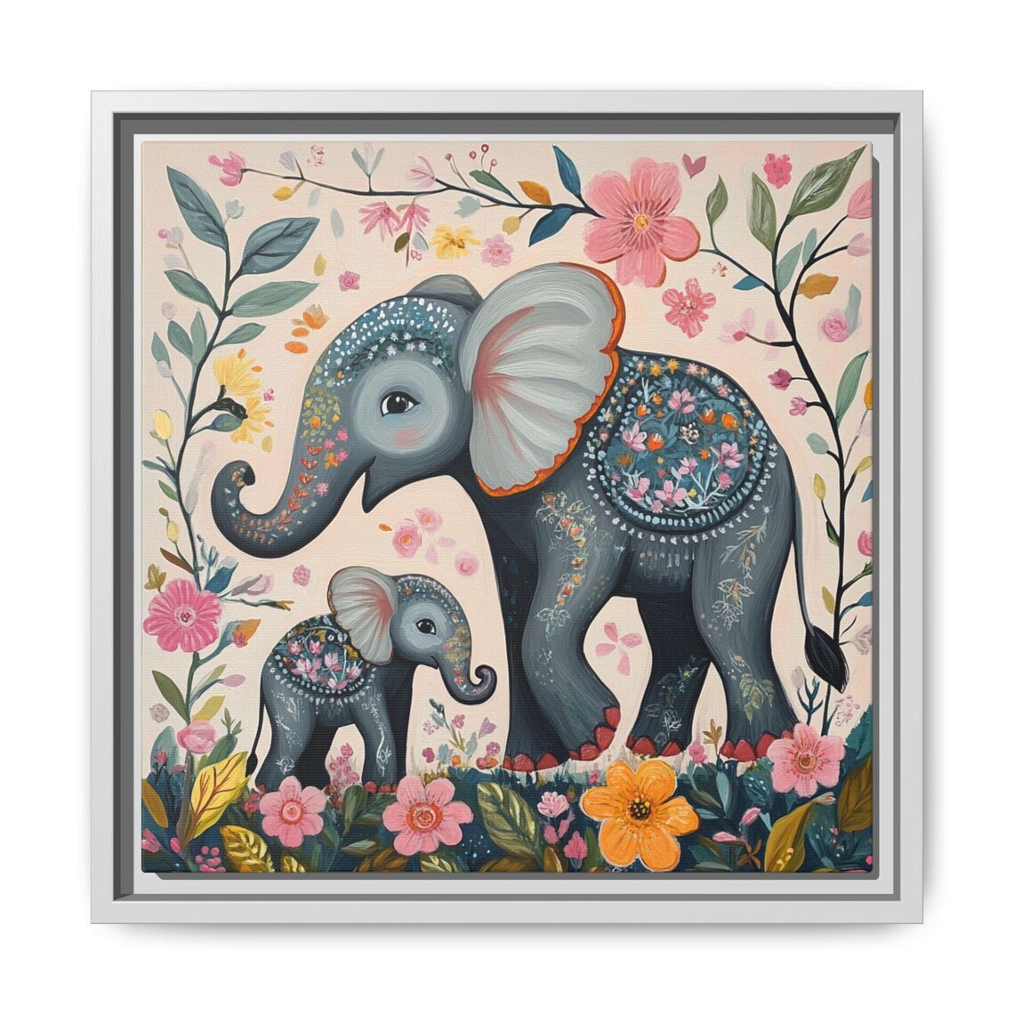 Mama and Baby Elephant Whimsical Floral Boho Safari Nursery Kids Poster