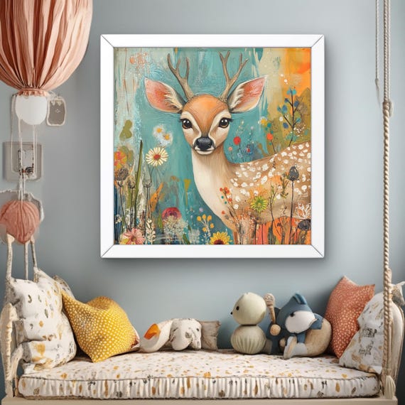 Whimsical Nursery Print Wall Art Boho Decor Floral Deer Painting Poster Multicolor Safari Kids Room