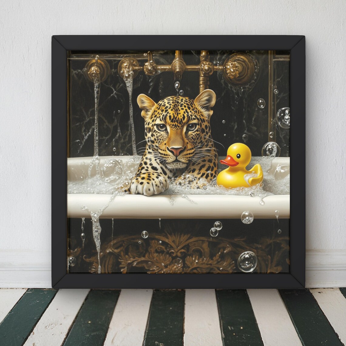 Leopard And Rubber Duck Bathroom Art Print