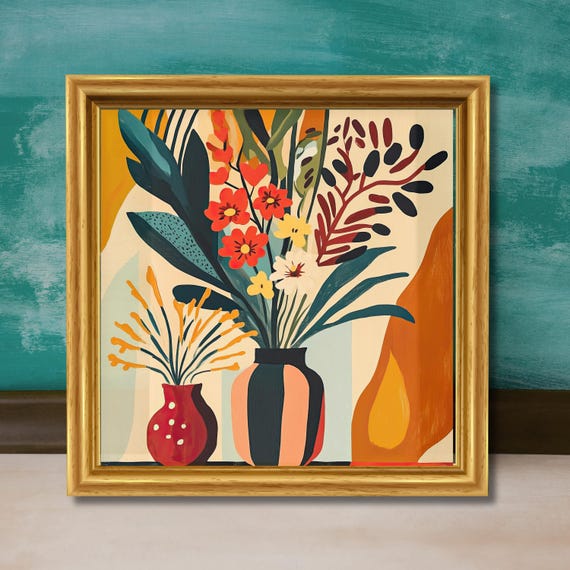 Mid Century Modern Floral Wall Art Colorful Abstract Geometric Decor Retro Boho Botanical Design Vase And Flowers Artwork