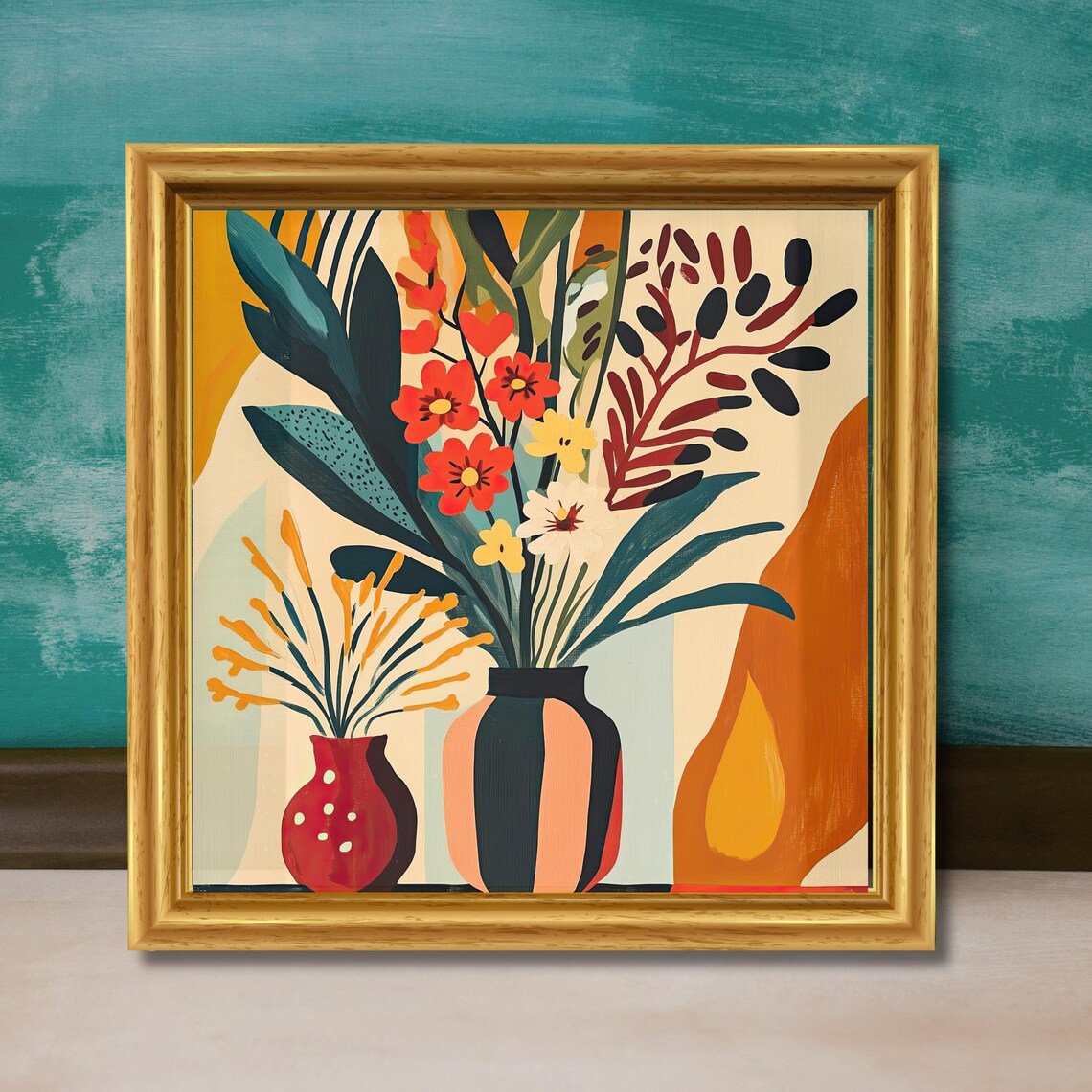 Mid Century Modern Floral Wall Art Colorful Abstract Geometric Decor Retro Boho Botanical Design Vase And Flowers Artwork