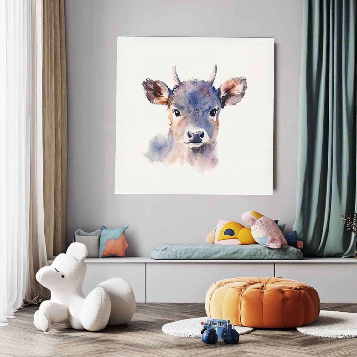 Cute Cow Watercolor Animal Print, Nursery Decor