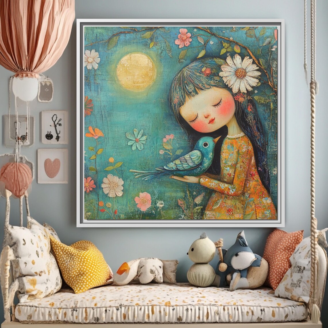 Bohemian Kids Floral Girl Art, Whimsical Decor