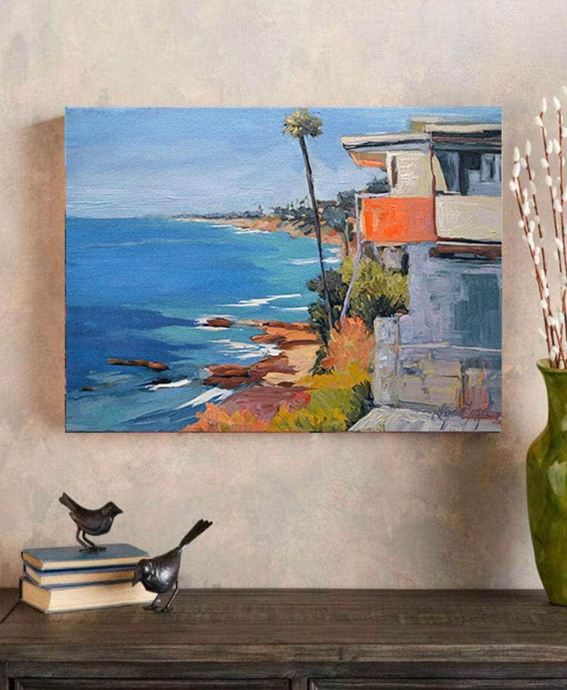 California Coast House Cliff Palm Tree Turquoise Ocean Poster - Image 3