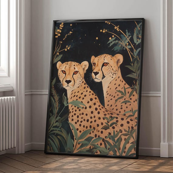 Cheetah Pair Safari Wall Art Vintage Jungle Print Celestial Big Cat Artwork Elegant Wildlife Decor Gift For Him