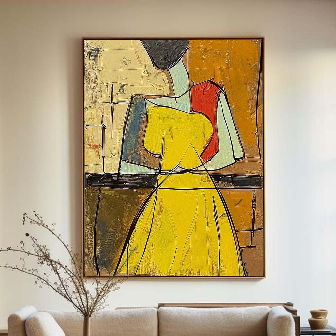 Abstract Woman Yellow Dress Elongated Golden Canvas Art Poster - Image 5