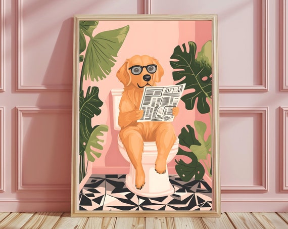 Animal Dog Toilet Print Dog Wall Art Golden Retriever Gifts Funny Bathroom Wall Art Tropical Home Decor Funny Gifts