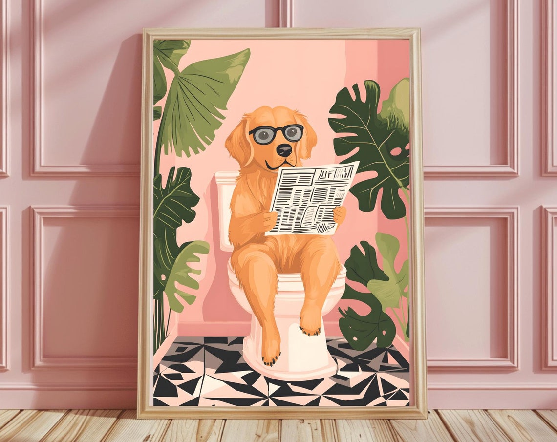 Animal Dog Toilet Print Dog Wall Art Golden Retriever Gifts Funny Bathroom Wall Art Tropical Home Decor Funny Gifts