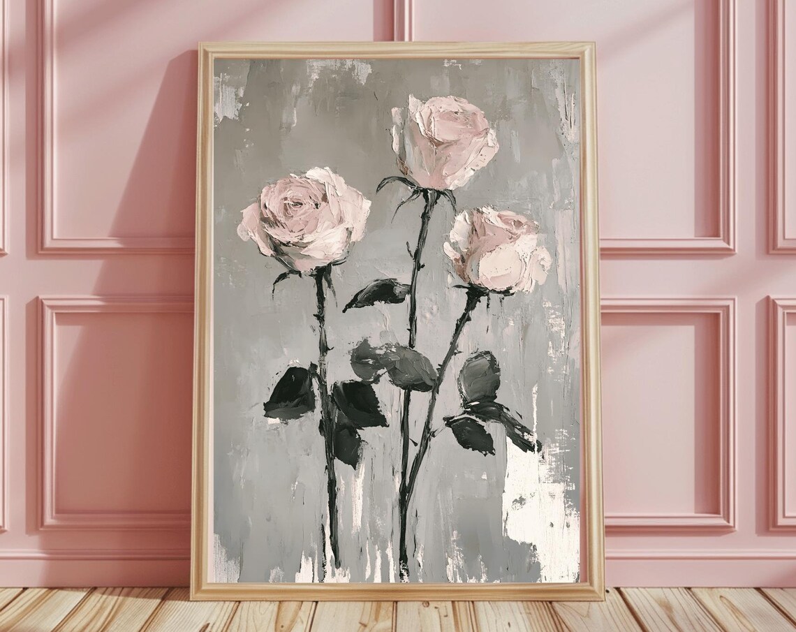 Three Pink Roses on Gray Painterly Modern Botanical Art Poster