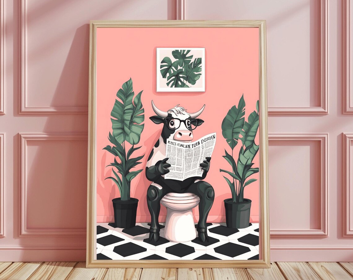 Funny Cow with Glasses Reading Newspaper on a Coral Toilet Poster