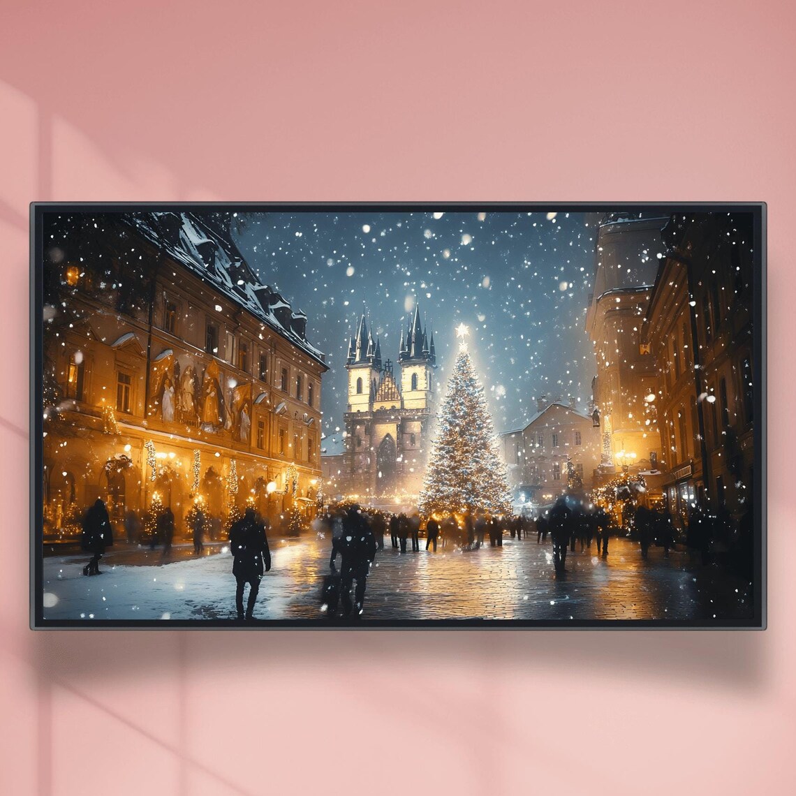 Snowy Night Christmas Market Before Gothic Church Square Poster