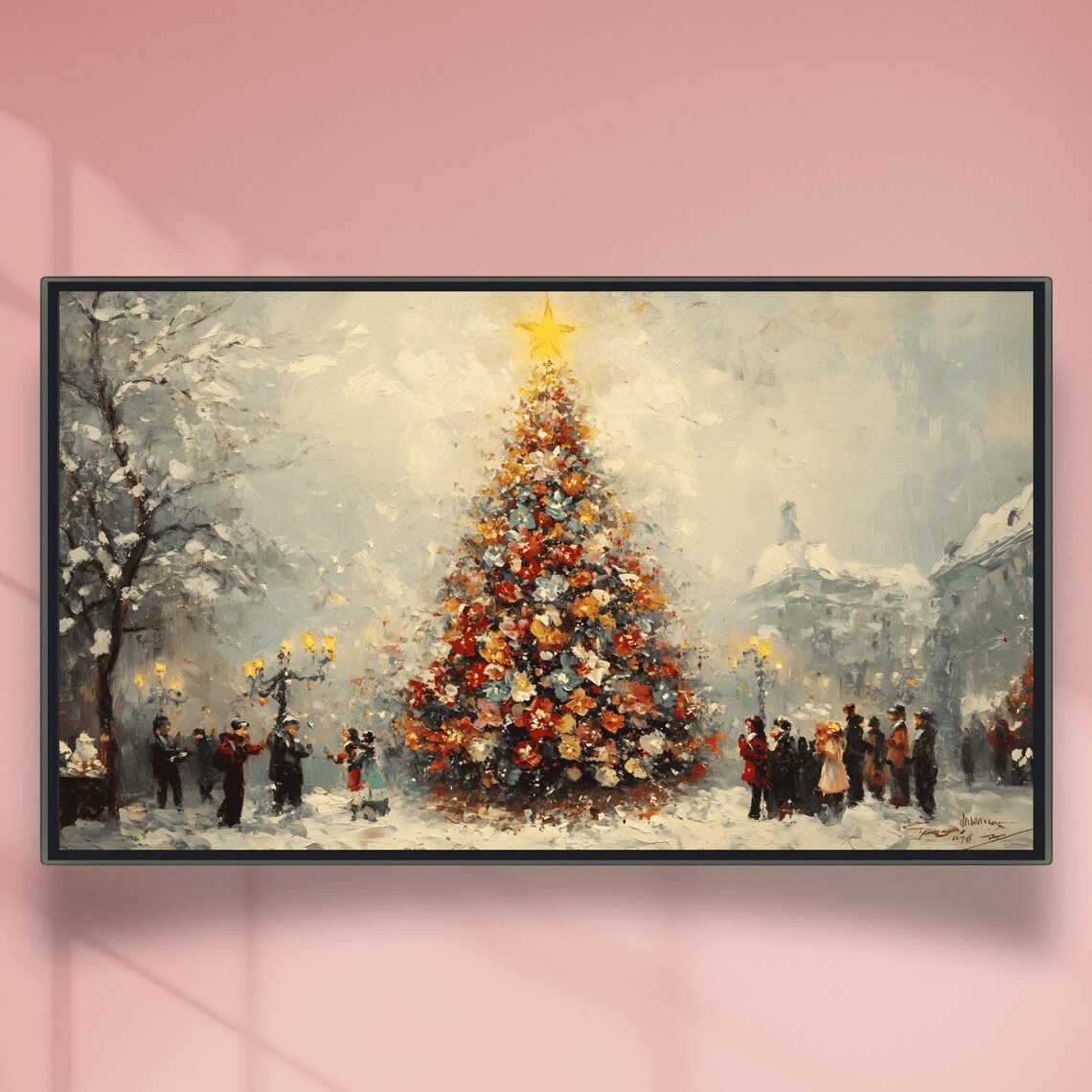 Lamplit Old Victorian Christmas Tree Plaza Snowy Evening Poster