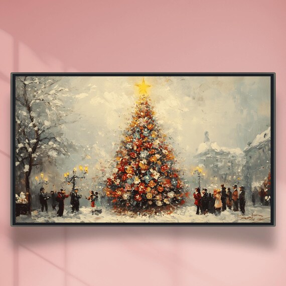 Lamplit Old Victorian Christmas Tree Plaza Snowy Evening Poster