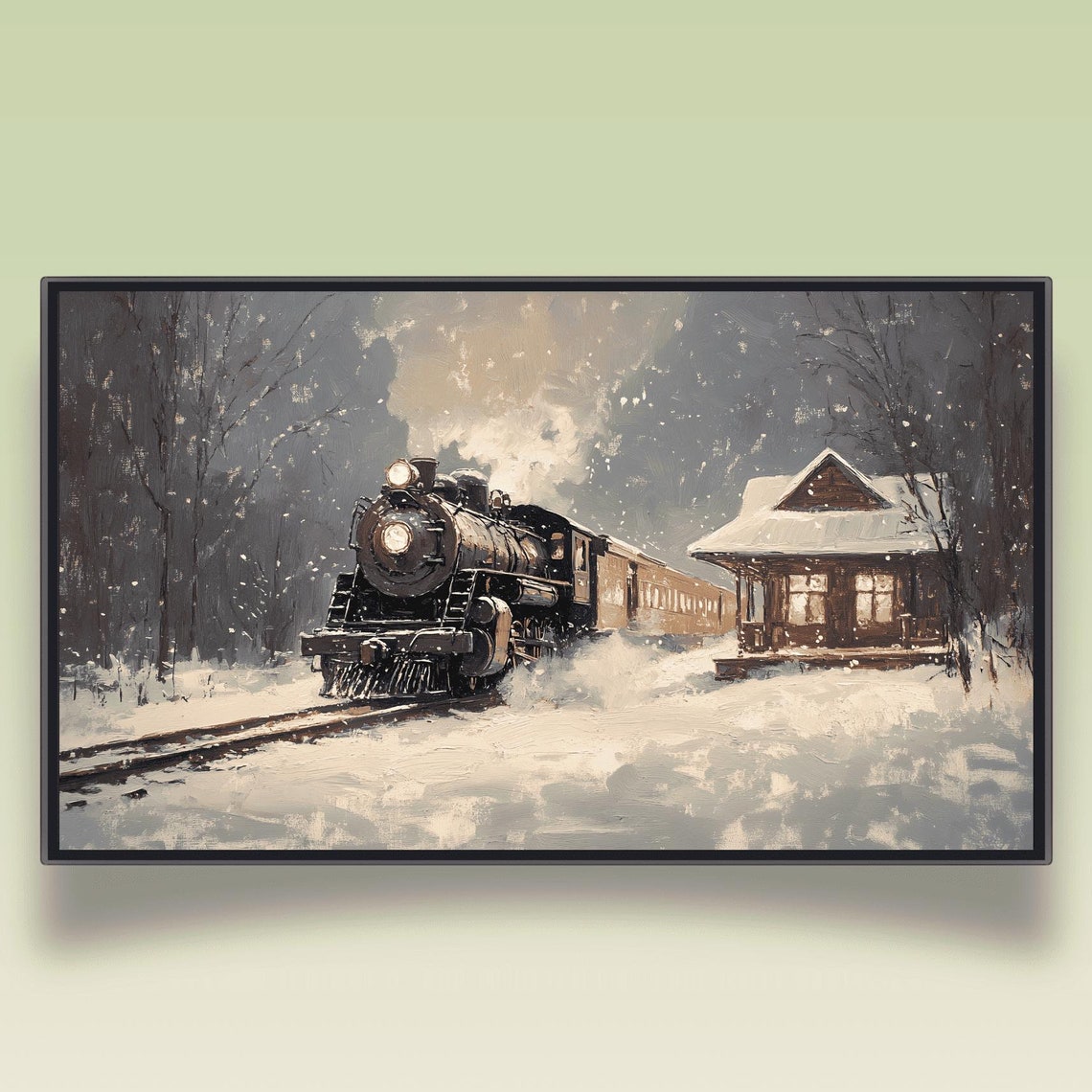 Steam Train Emerging Through Falling Snow At Snowy Depot Poster