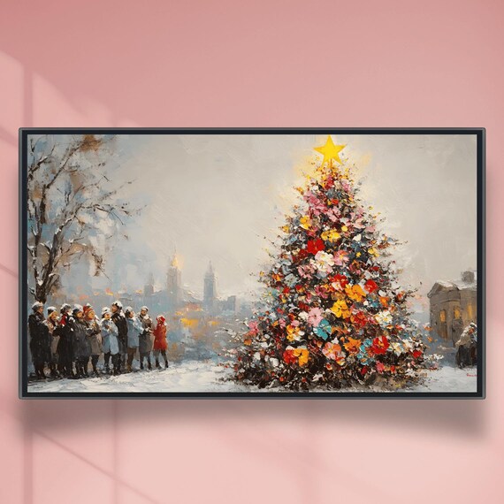 Colorful Floral Christmas Tree with Carolers Impressionist Poster