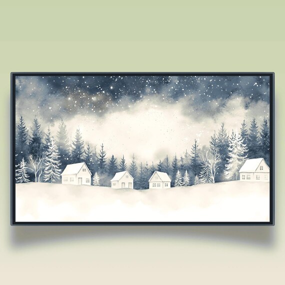 Winter Cabin Hamlet Among Snowy Pines Starry Night Panorama Poster