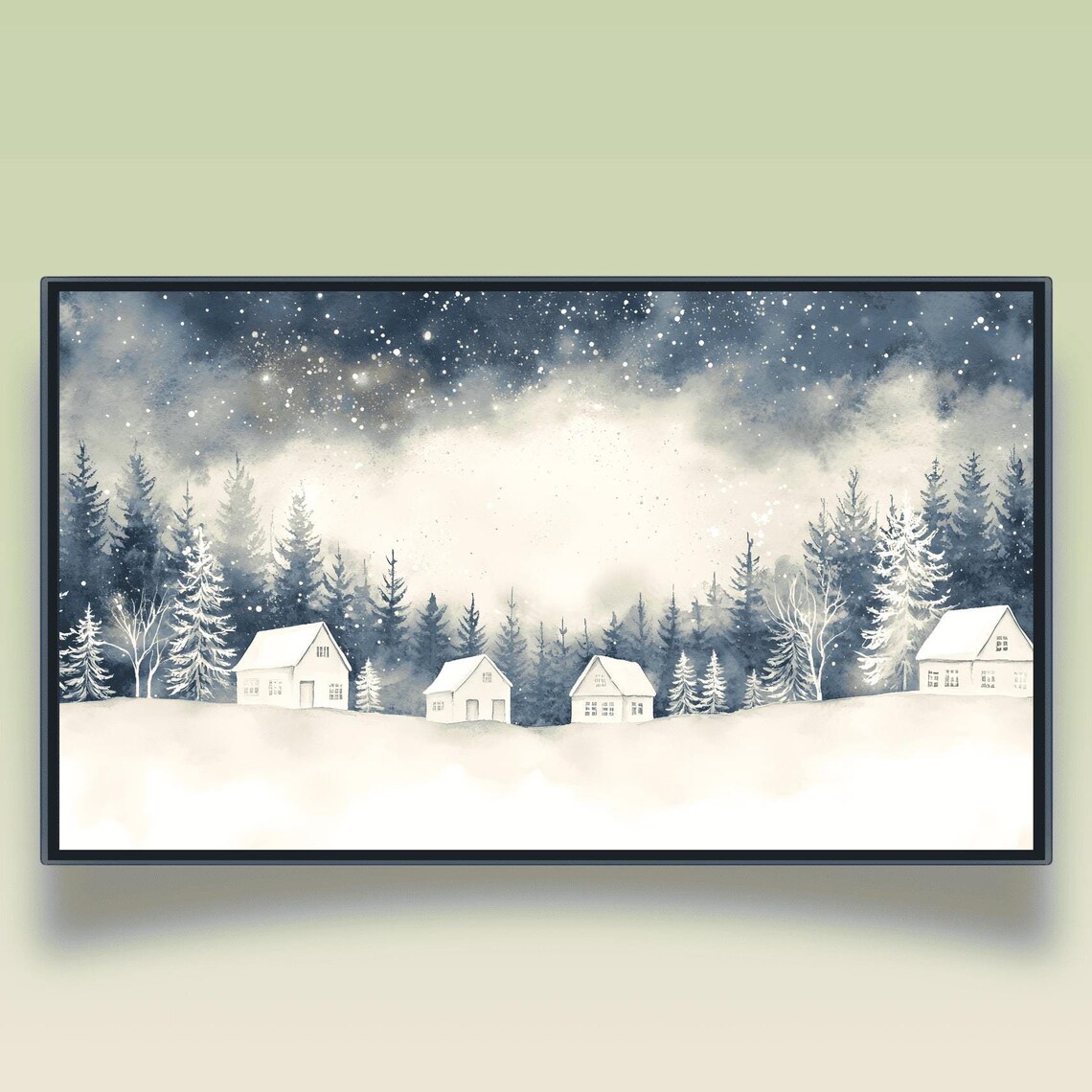 Winter Cabin Hamlet Among Snowy Pines Starry Night Panorama Poster