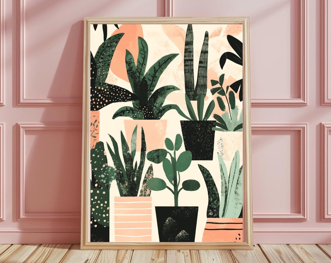Boho Potted Snake Plants Illustration Emerald Houseplant Art Poster