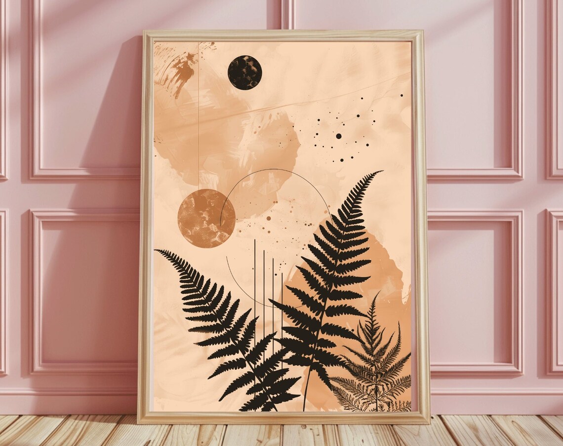 Peach Watercolor Fern Silhouettes Abstract Moon Botanical Poster