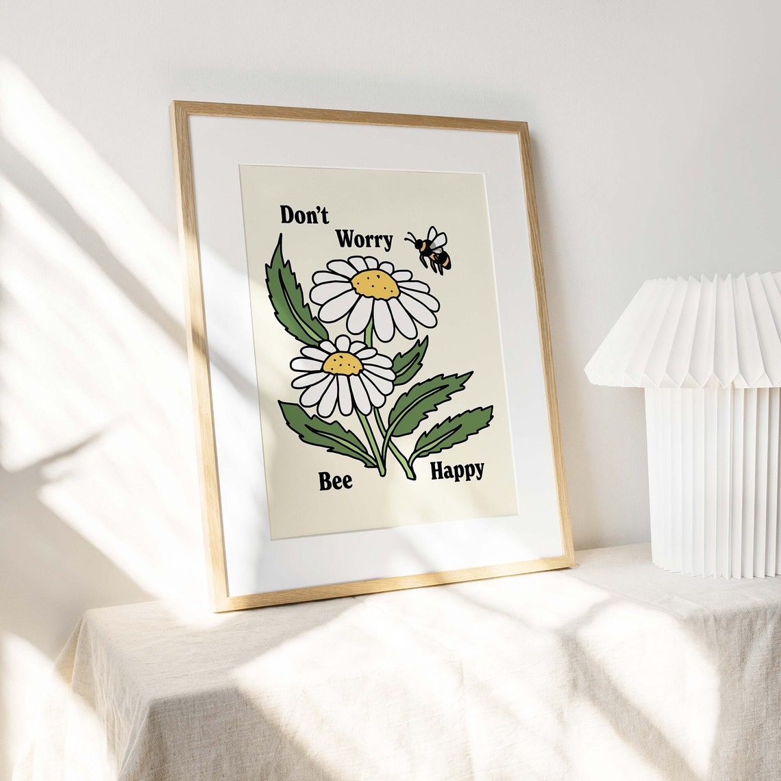 Dont Worry Bee Happy Vintage Botanical Daisy Bee Wall Art Print - Image 3