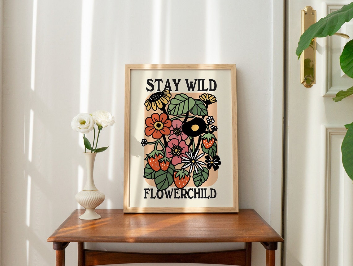 Stay Wild Flowerchild Strawberry Floral Retro Quote Wall Poster - Image 2