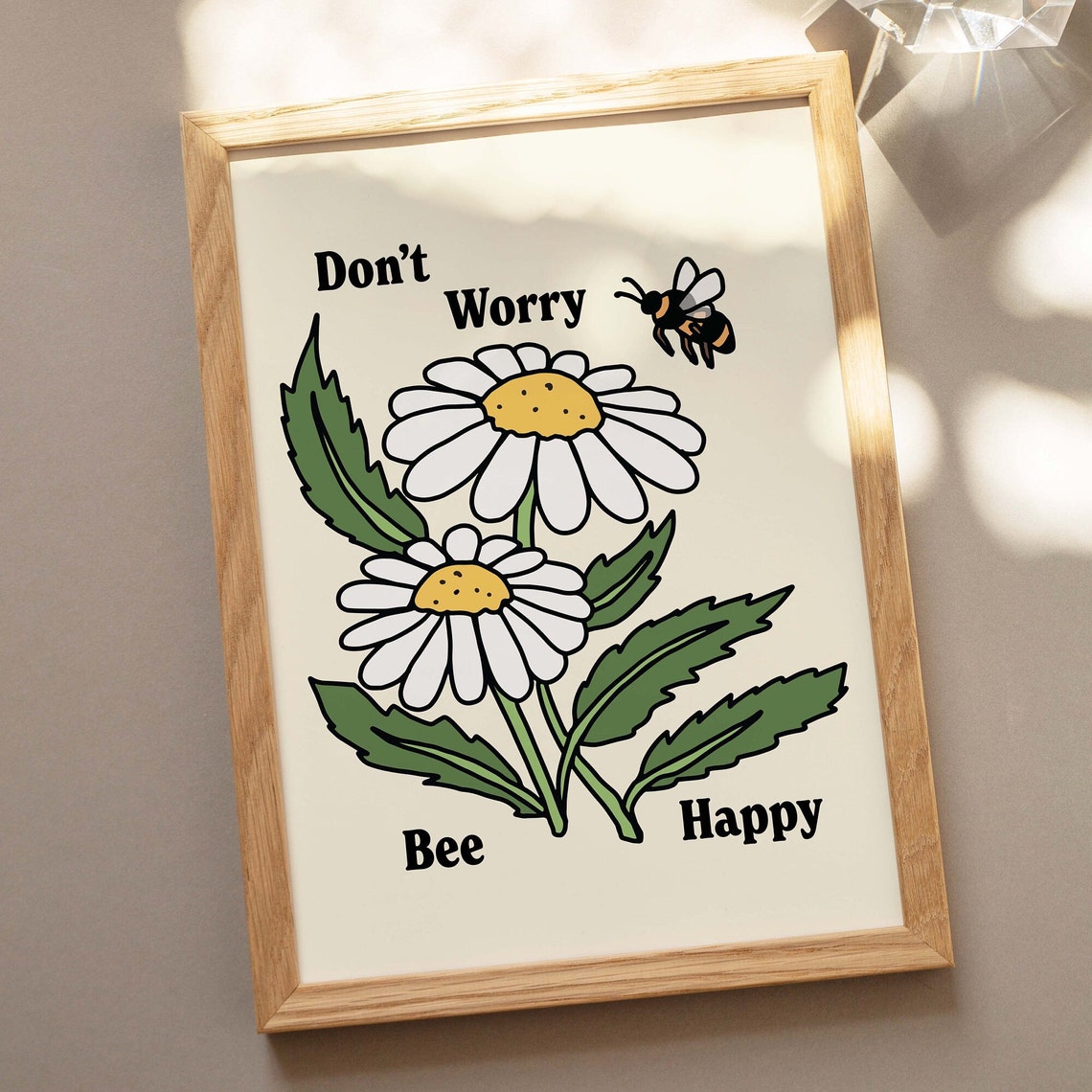 Dont Worry Bee Happy Vintage Botanical Daisy Bee Wall Art Print - Image 2
