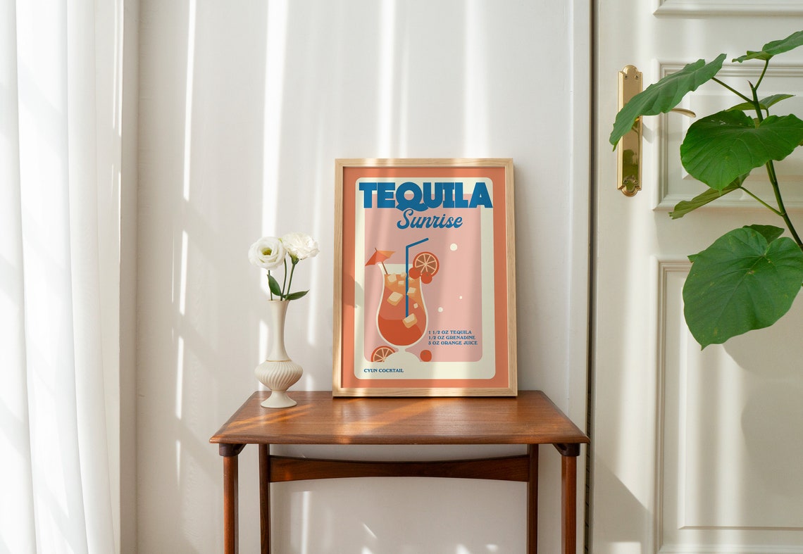 Tequila Sunrise Cocktail Recipe Retro Orange Bar Kitchen Poster - Image 2