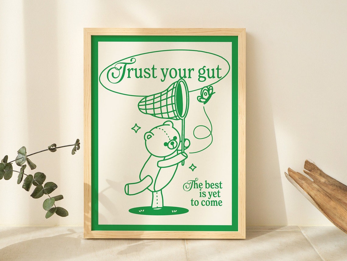 Retro Bear Print Positive Quote Wall Print Cute Butterfly Poster Prints Emerald Green Wall Decor Prints - Image 2