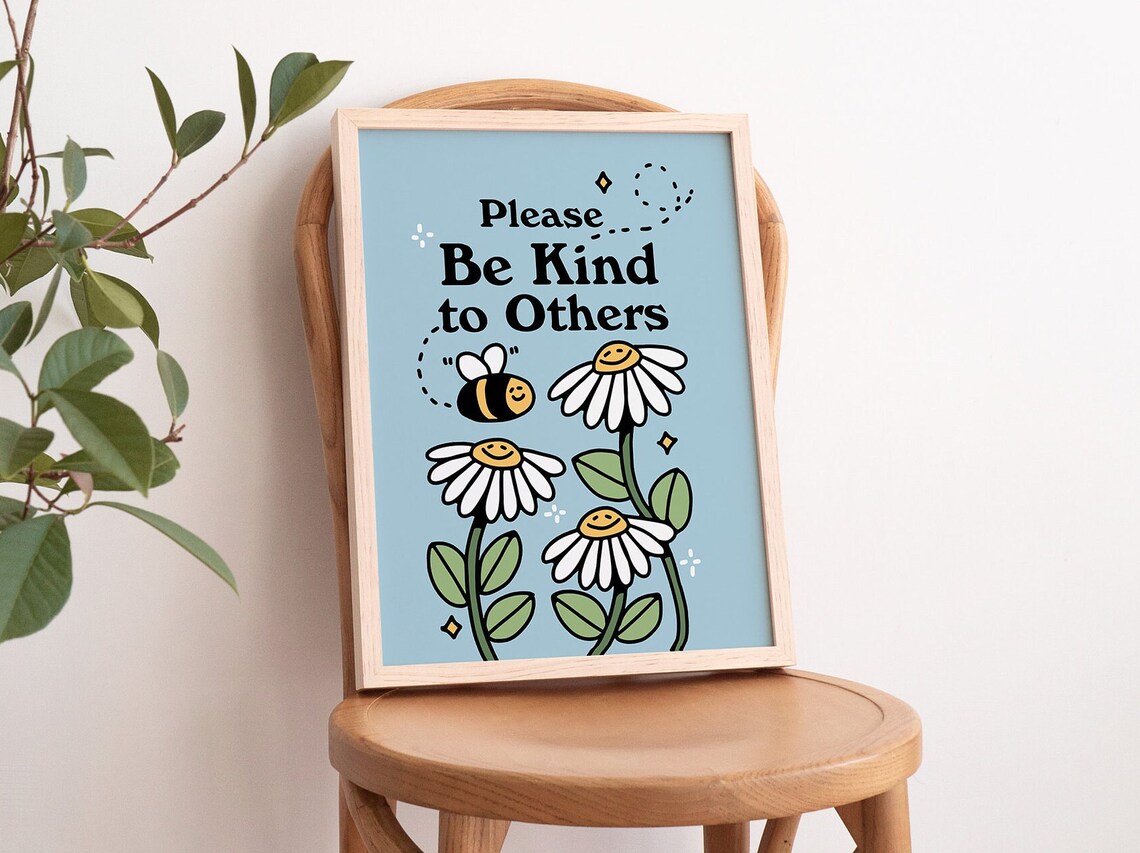Cute Flowers Poster Print, Vintage Blue Bee Illustration - Image 3