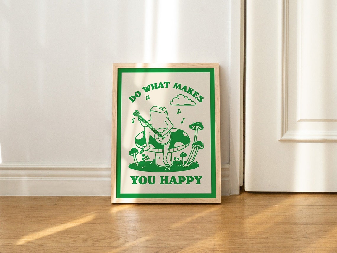 Do What Makes You Happy Guitar Frog Mushroom Retro Green Wall Art - Image 2