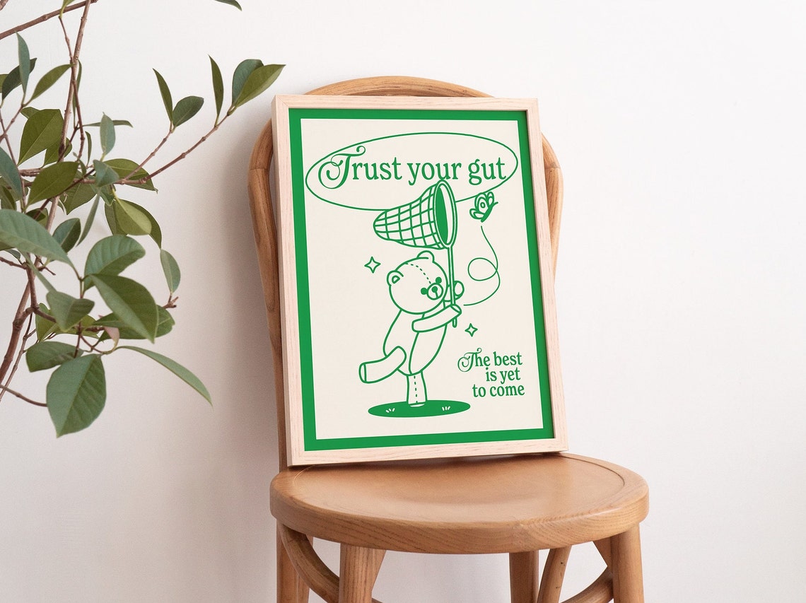 Retro Bear Print Positive Quote Wall Print Cute Butterfly Poster Prints Emerald Green Wall Decor Prints - Image 3