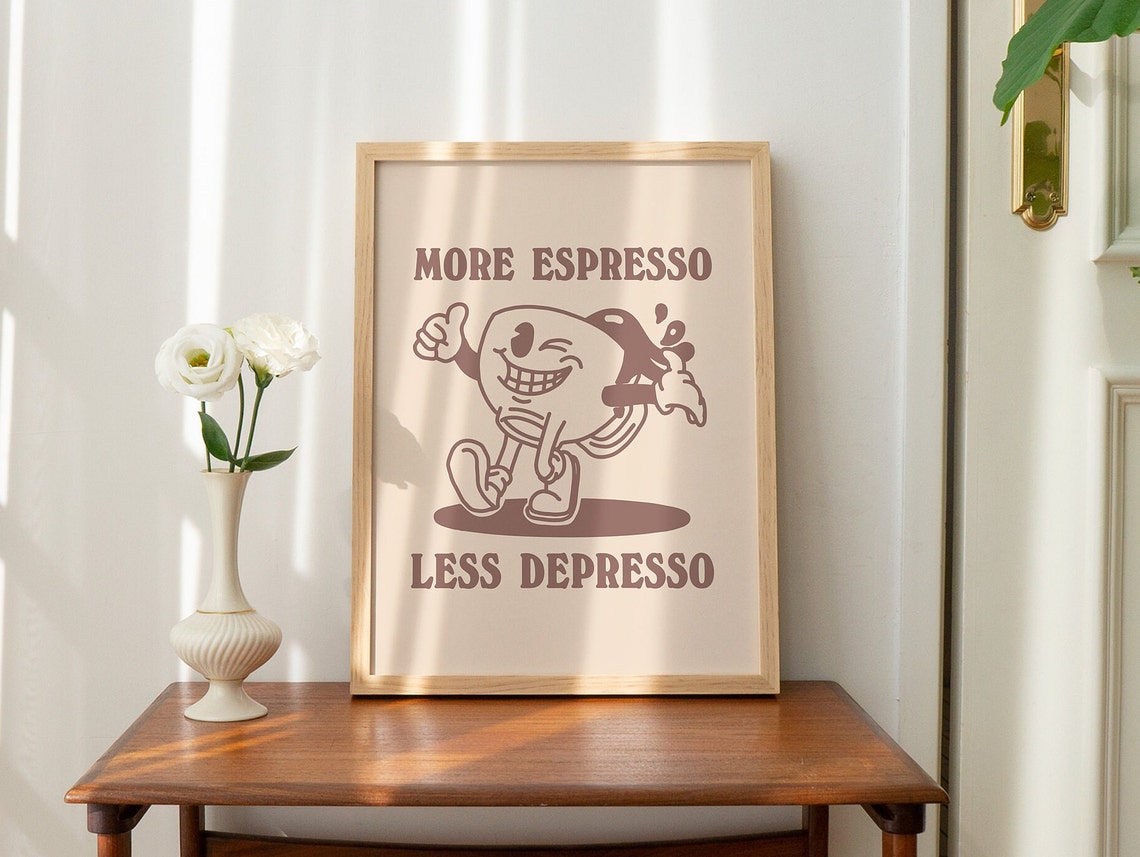 More Espresso Less Depresso Retro Coffee Mascot Cartoon Poster - Image 4