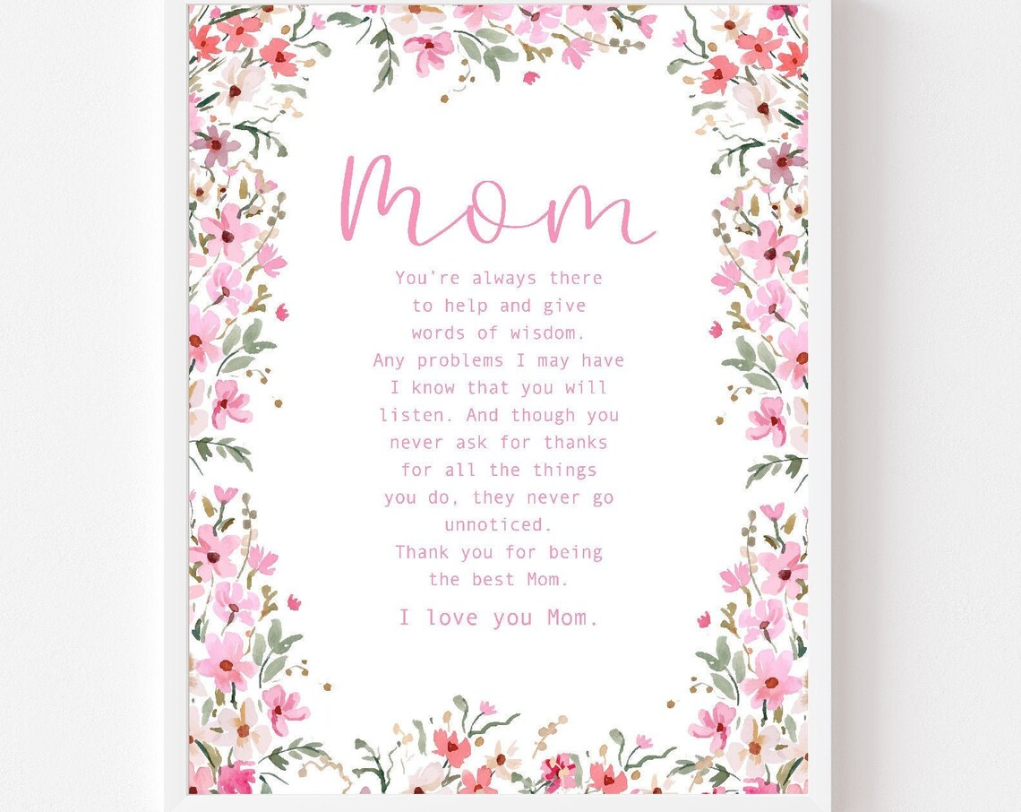 Mom Poem Print Pink Floral Watercolor Sweet Mothers Day Gift Wall Art