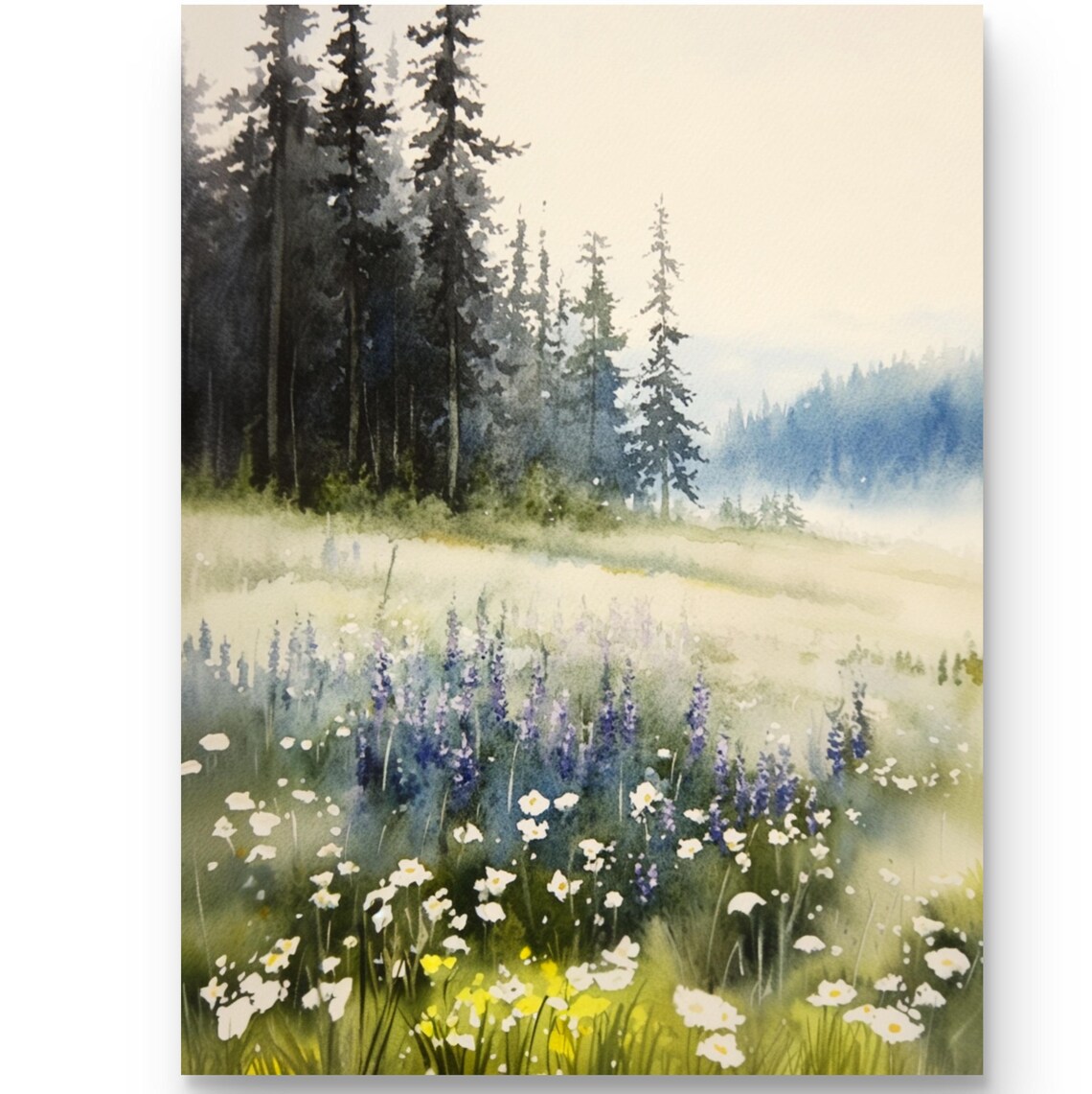Oregon Wildflower Meadow Lupines Pine Forest Watercolor Landscape Poster
