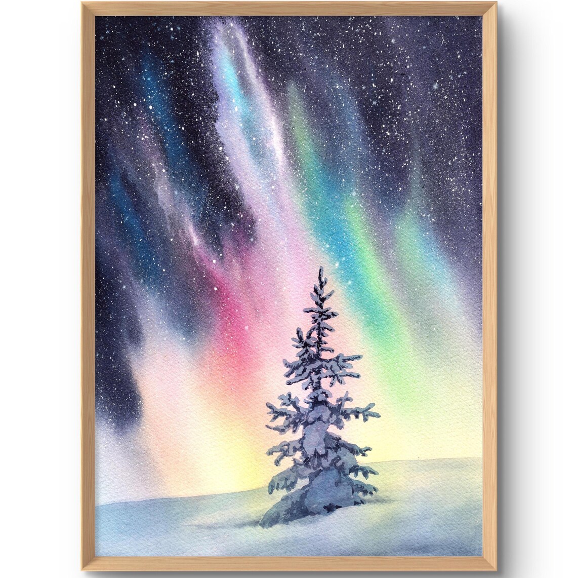 Christmas Tree Watercolor Art Print, Northern Lights