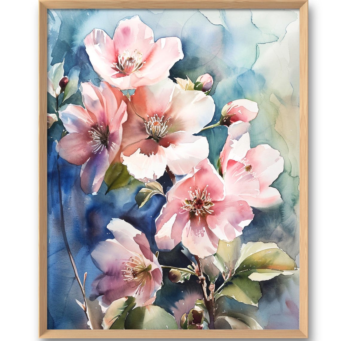 Pink Flowers Art Print Blossom Floral Wall Blooming Tree Poster Spring Watercolor Style Botanical Decor