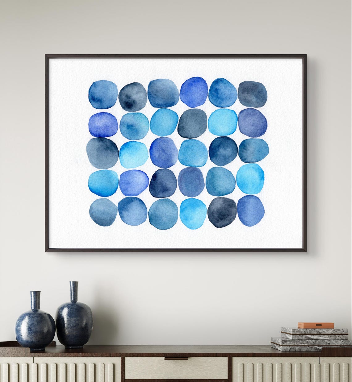 Navy Blue Watercolor Dots Grid Minimalist Modern Abstract Art Poster