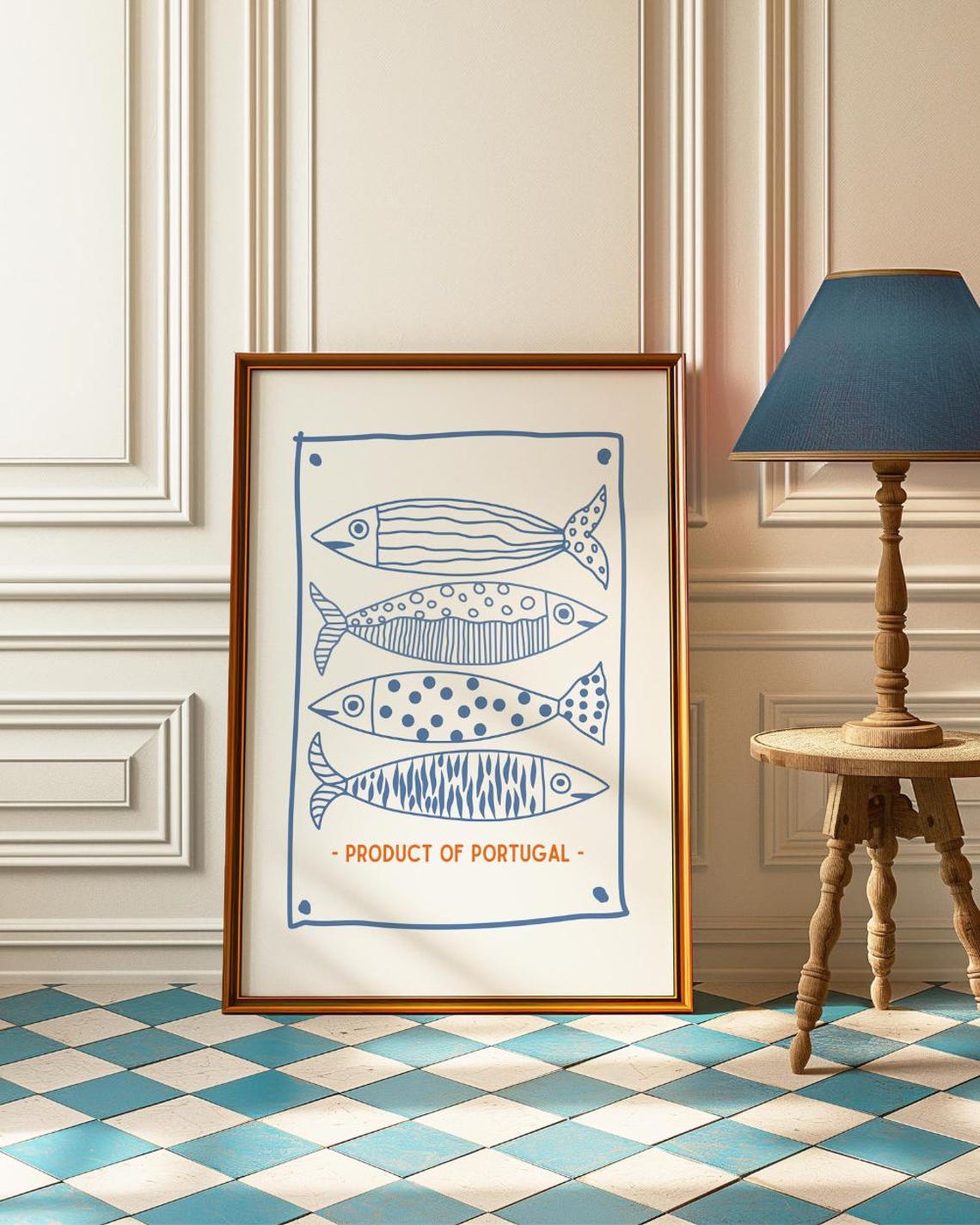 Patterned Blue Sardines White Portugal Coastal Kitchen Decor Poster - Image 2