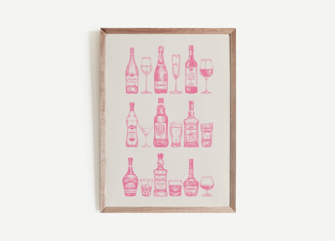 Pink Bar Cart Bottles And Glasses Trendy Home Bar Art Poster - Image 2
