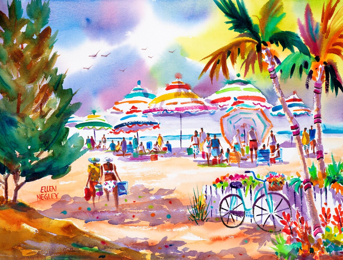 Beach Umbrella Watercolor, Key West Travel Poster