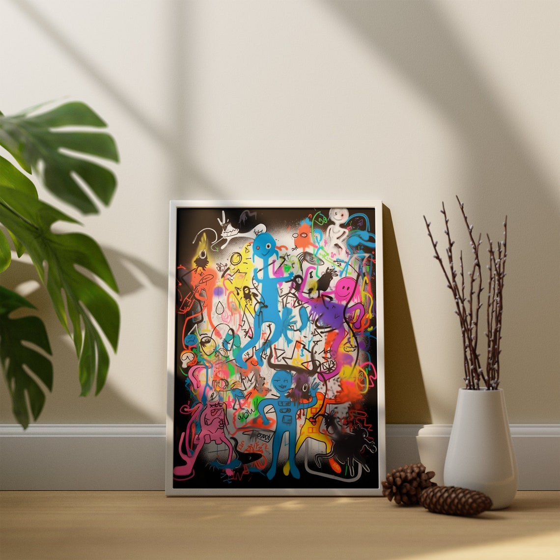 Neon Graffiti Cartoon Doodle Collage on Black Background Art Poster - Image 4