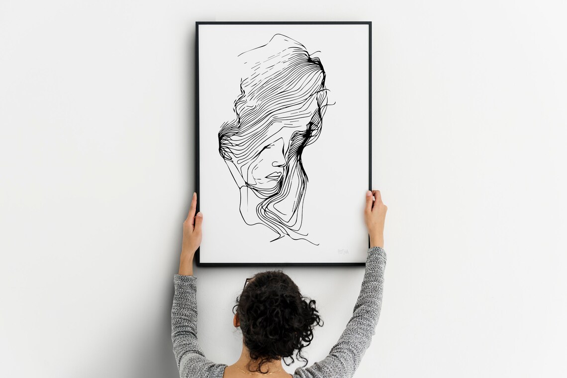 Minimalist Woman Face Line Art Flowing Hair Ink Drawing Poster - Image 3