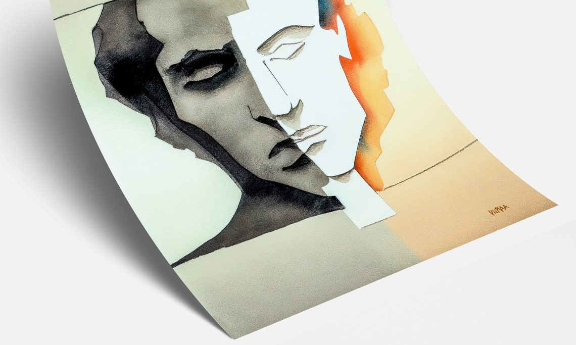 Split Face Minimalist Abstract Portrait Watercolor Modern Art Poster - Image 2