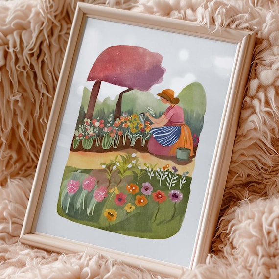 Woman Watering Spring Flowers in a Colorful Garden Watercolor Poster