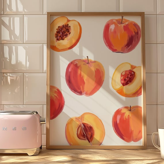 Fresh Peaches Watercolor Fruit Pattern Vintage Mediterranean Kitchen Print