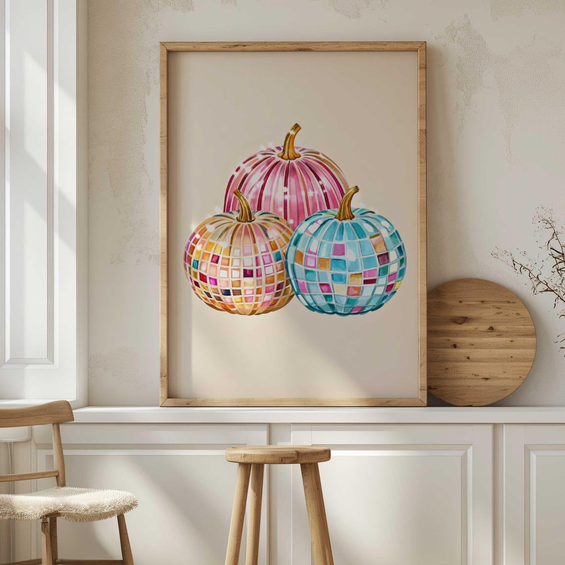 Disco Ball Pumpkin Watercolor Art Print Retro Fall Halloween Decor