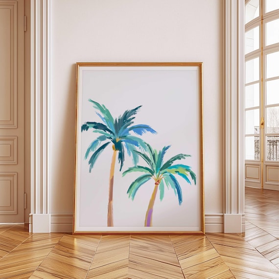 Two Teal Palm Trees Minimal Watercolor Tropical Beach Wall Poster