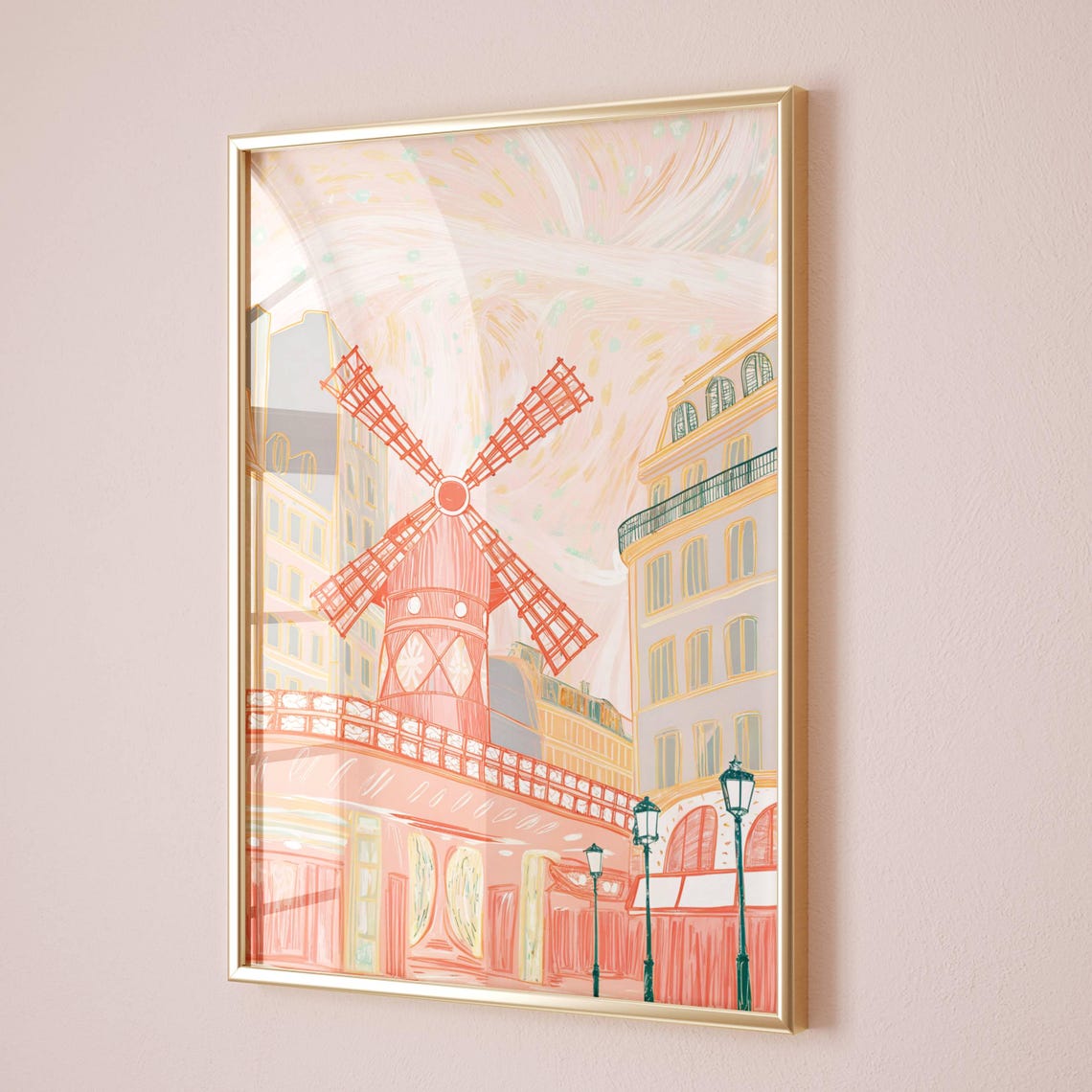 Moulin Rouge Paris Pink Cabaret Windmill Pastel Travel Art Poster