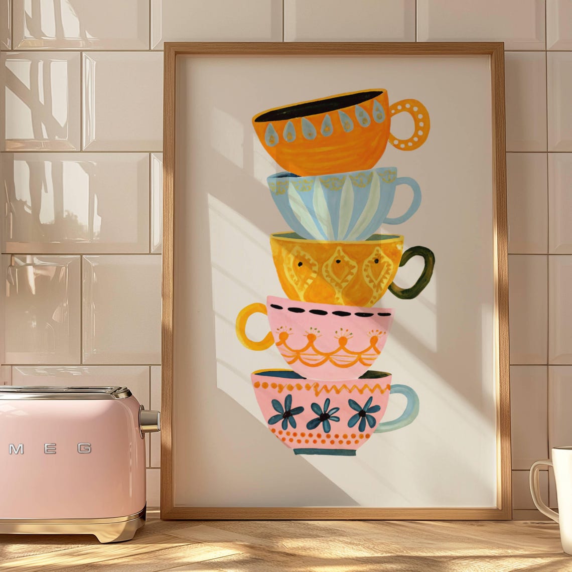 Stacked Tea Cups Colorful Patterned Cups Kitchen Party Decor Poster